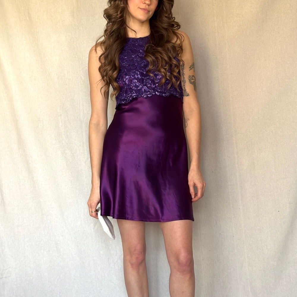 90s Deep Purple Mini Satin & Lace Keyhole Slip Dress